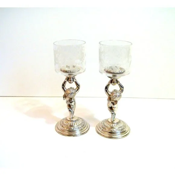 Pairpoint Silver Plate Cherub Votive Holders with Etched Glass PAIR - Picture 8 of 9